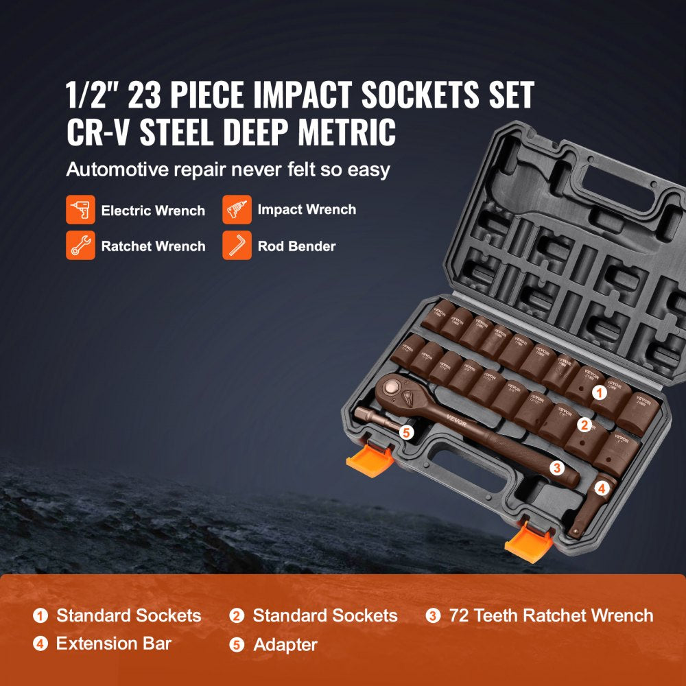 VEVOR 1/2" Drive SAE 23 Piece Impact Socket Set