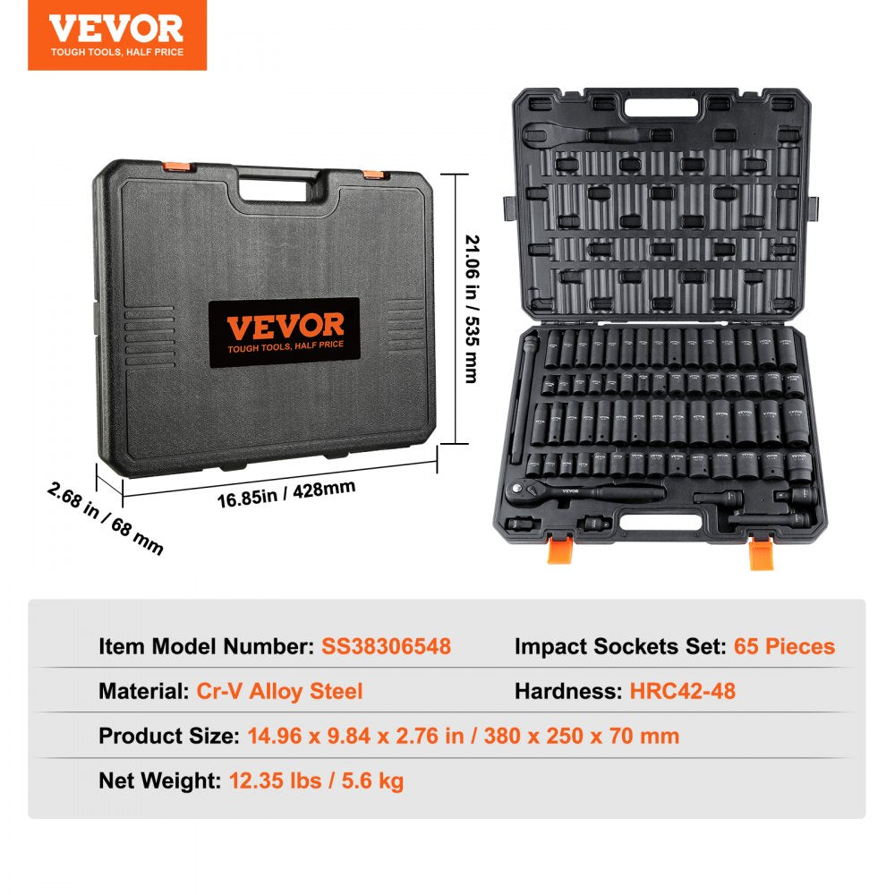 VEVOR 1/2"Drive SAE 65 Piece Socket Set