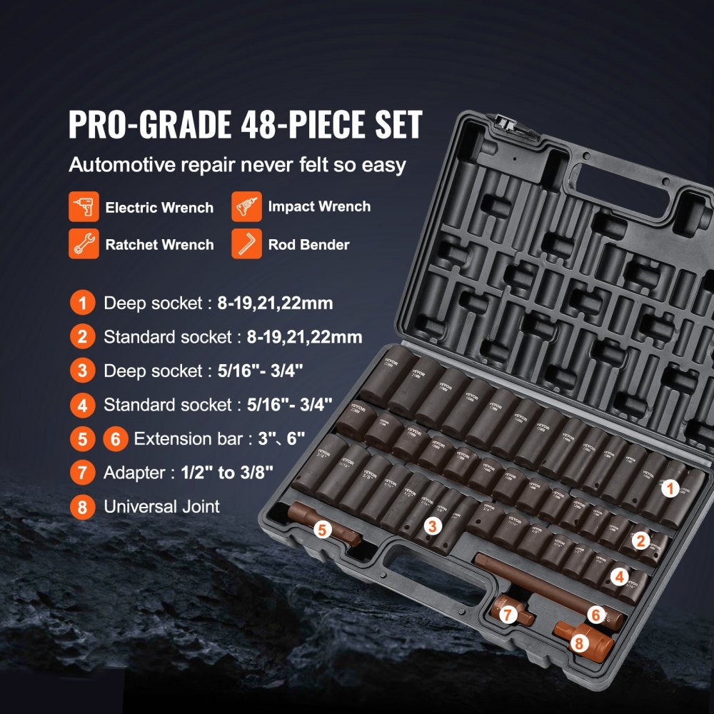 VEVOR 3/8" Drive SAE 48 Piece Socket Set