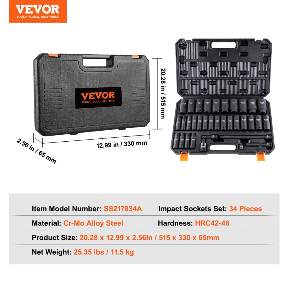 VEVOR 1/2" Drive Metric 34 Piece Socket Set