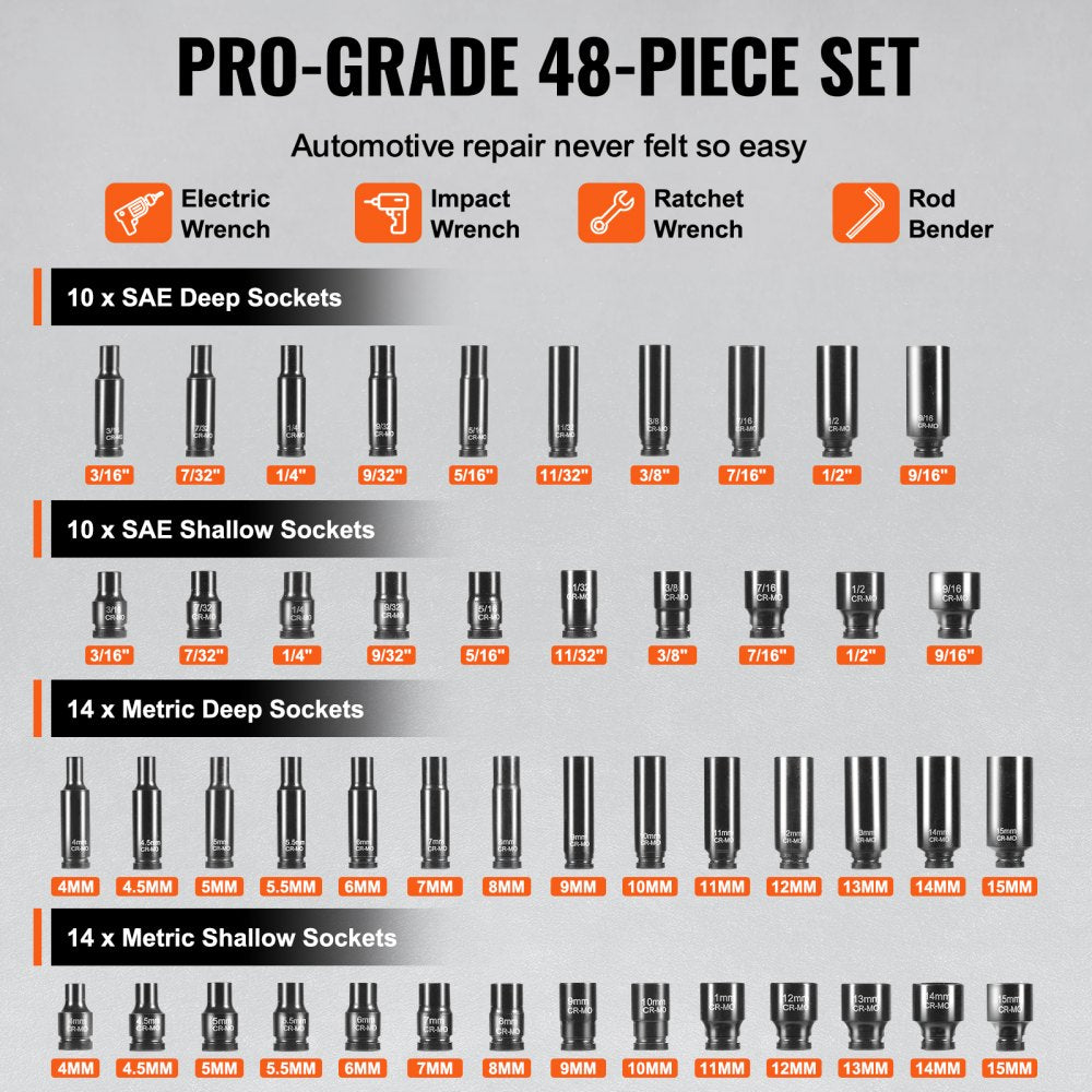 VEVOR 1/4" Drive 48pcs 6-Point Impact Socket Set