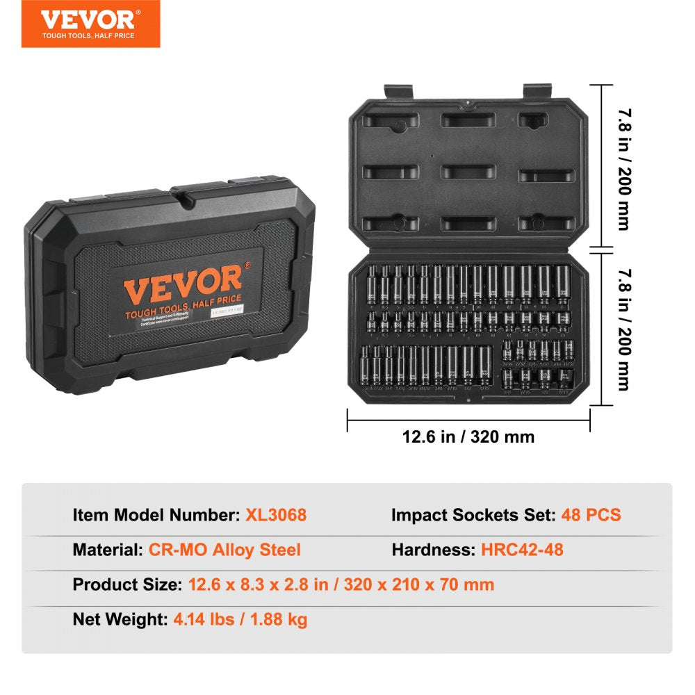 VEVOR 1/4" Drive 48pcs 6-Point Impact Socket Set