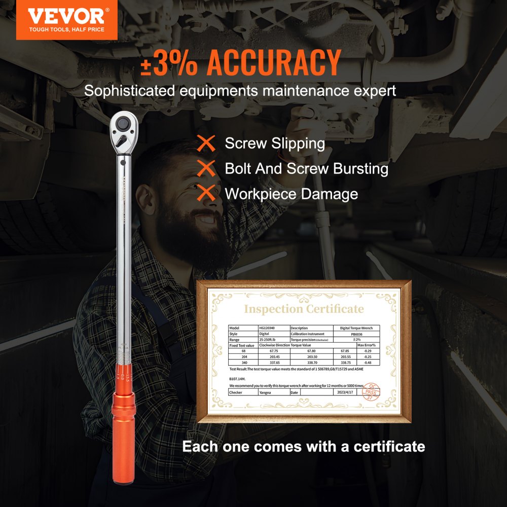 VEVOR 1/2-inch Drive Click Torque Wrench 10-150ft.lb/14-204n.m