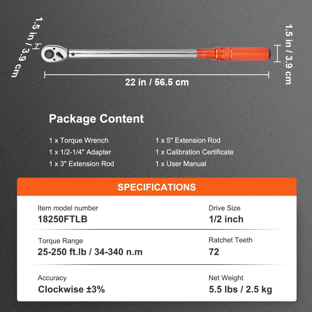VEVOR 1/2-inch Drive Click Torque Wrench 20-250ft.lb/34-340n.m