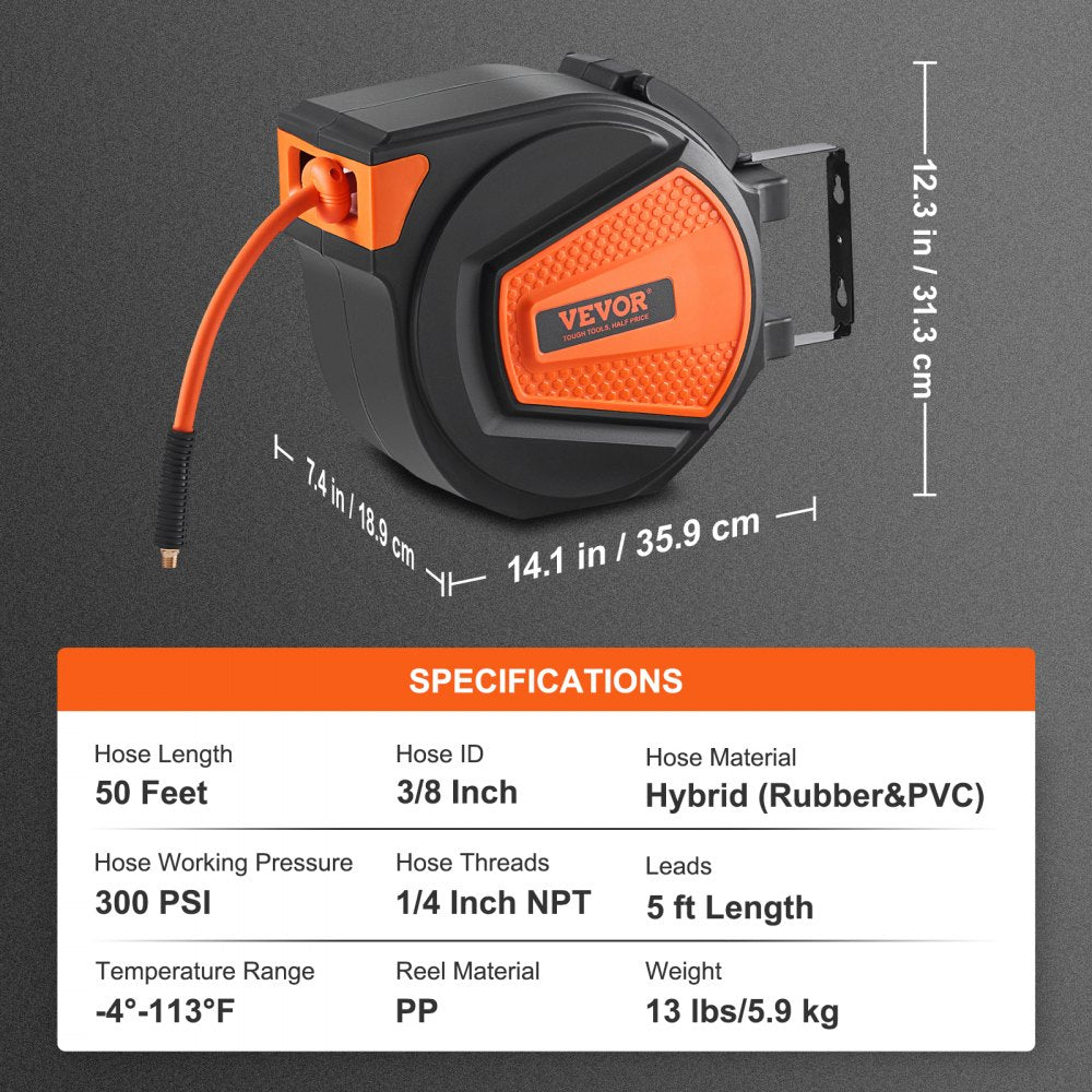 VEVOR Retractable 3/8 IN x 50 FT Hybrid Air Hose