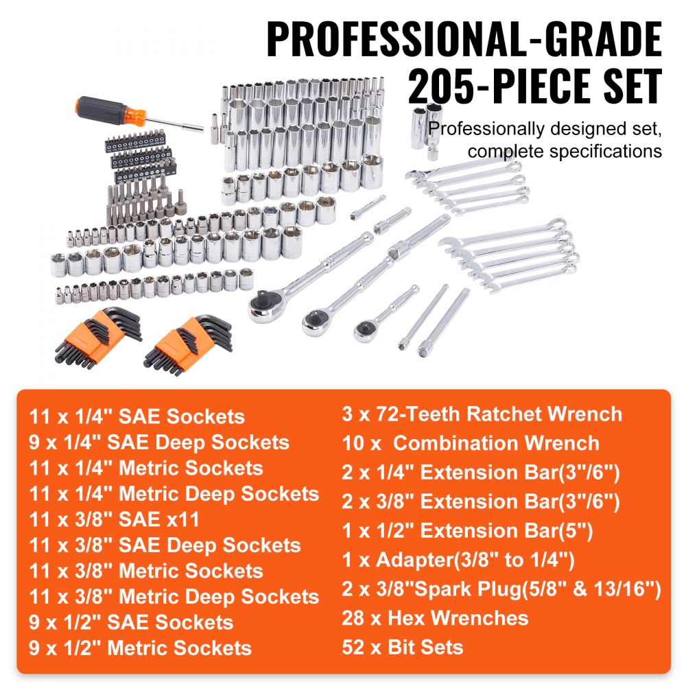 VEVOR 1/4" 3/8" 1/2" Drive Socket & Tool Set