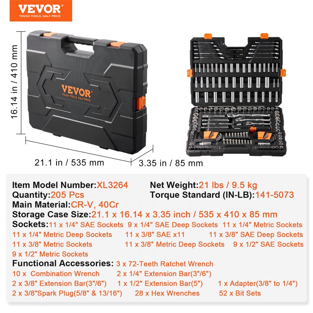 VEVOR 1/4" 3/8" 1/2" Drive Socket & Tool Set