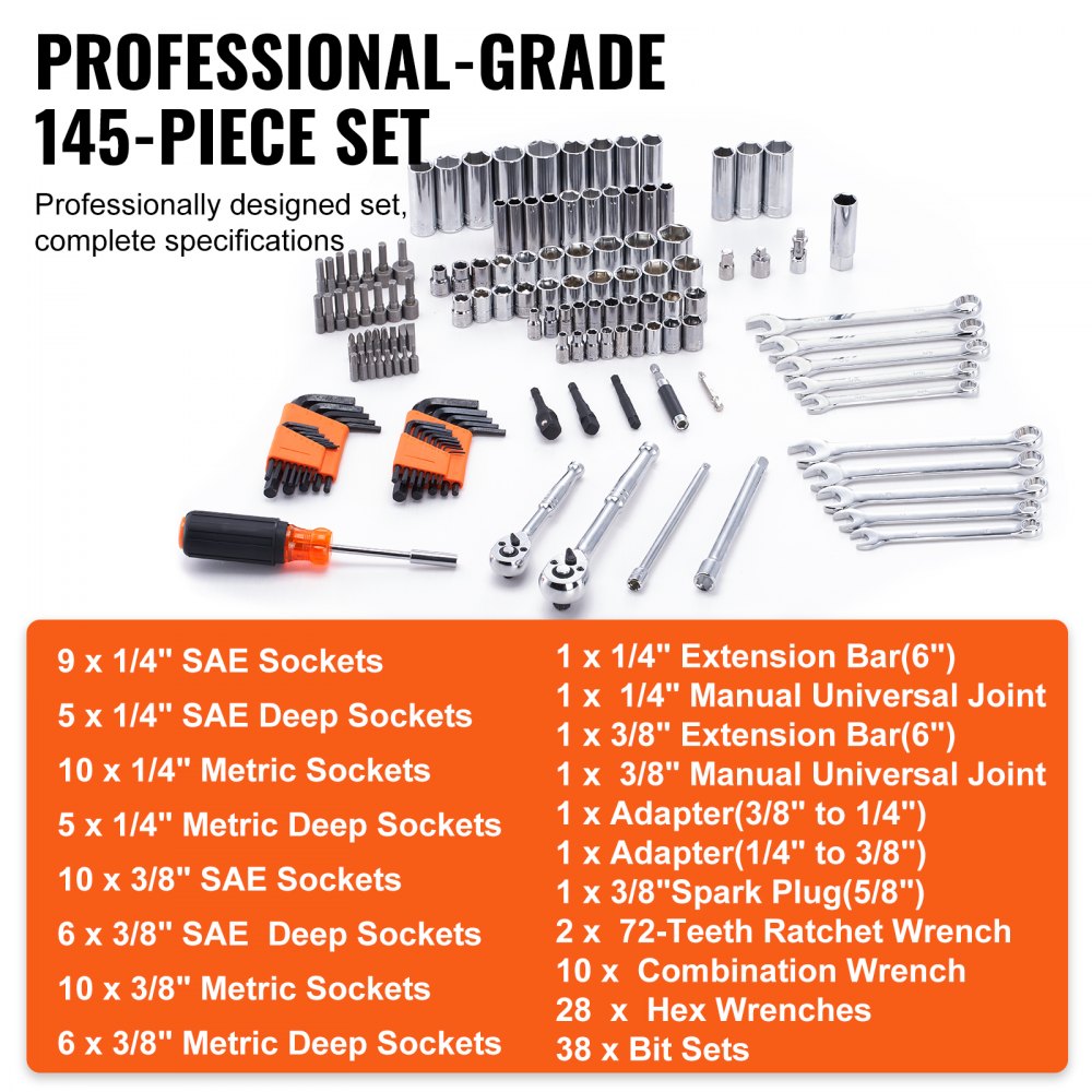 VEVOR 1/4" and 3/8" Drive Socket & Tool Set