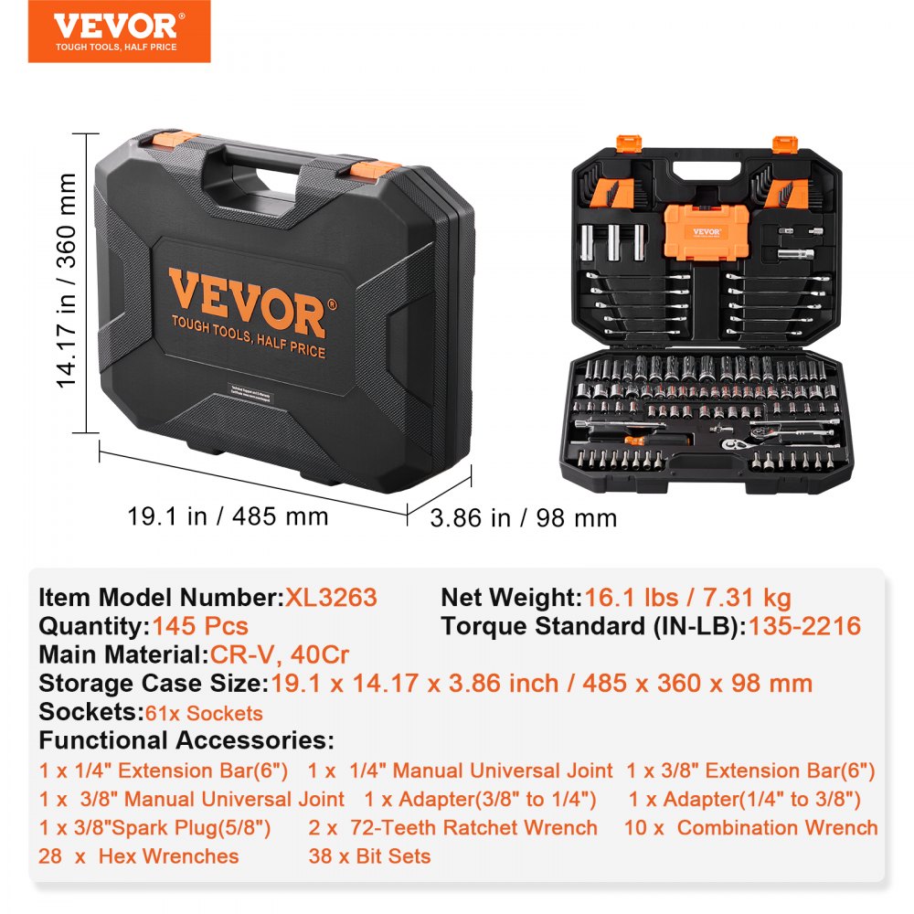 VEVOR 1/4" and 3/8" Drive Socket & Tool Set