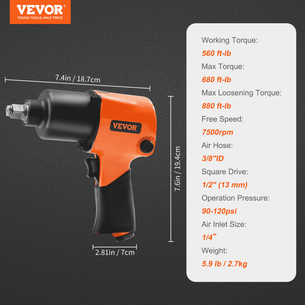 VEVOR 1/2" Drive Air Impact Gun Up to 880ft-lbs