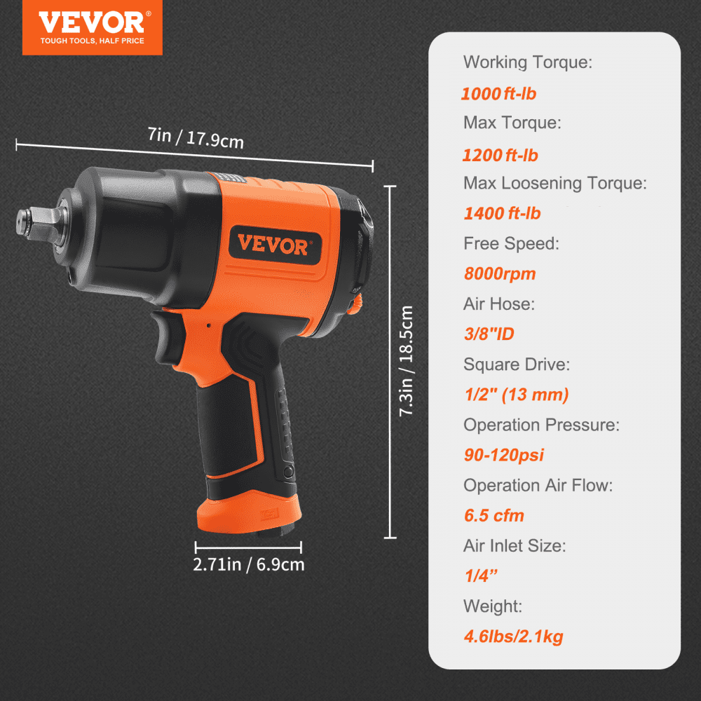 VEVOR 1/2" Square Drive Air Impact Gun 1400ft-lb