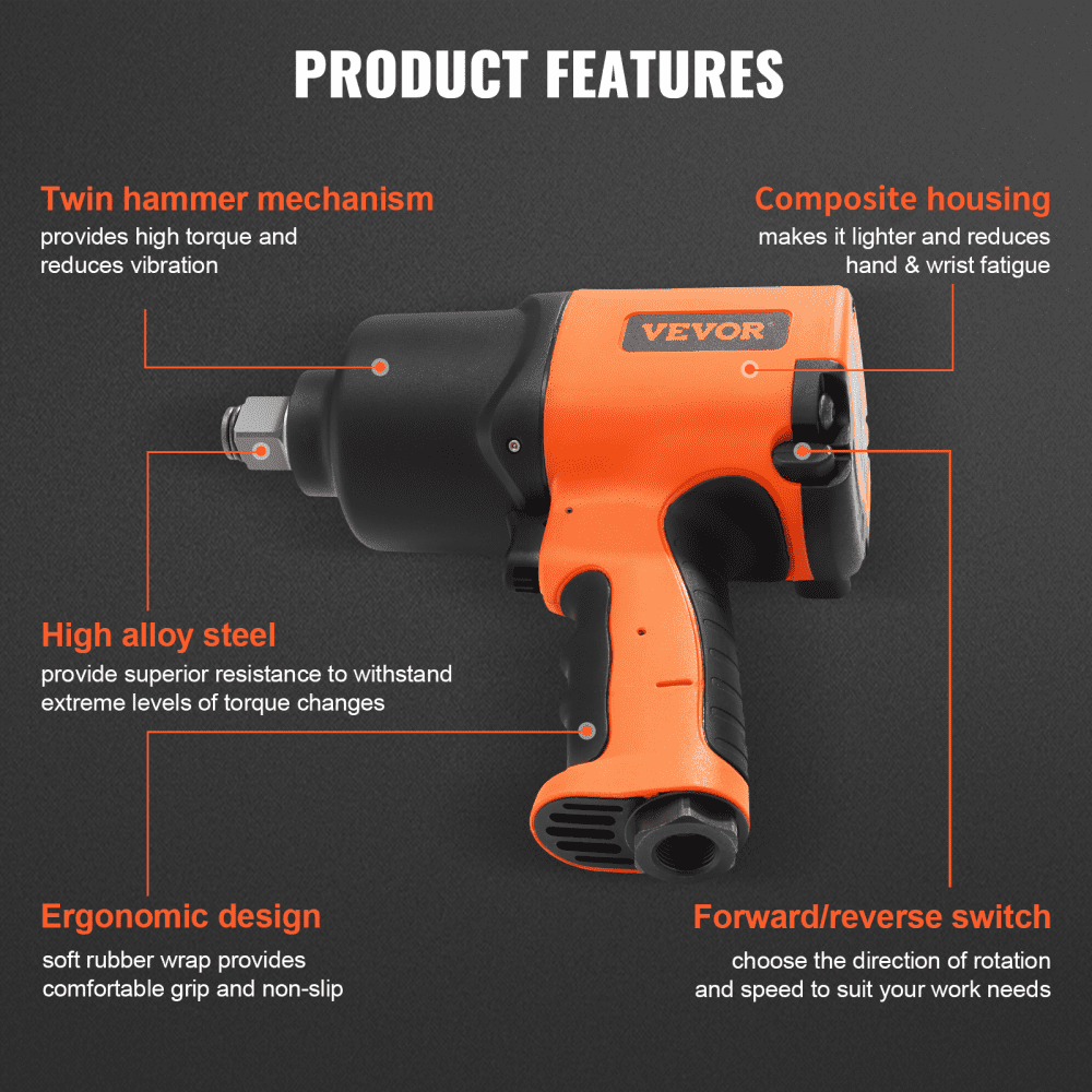 VEVOR 3/8-Inch Drive Air Impact Gun, Up to 690ft-lbs