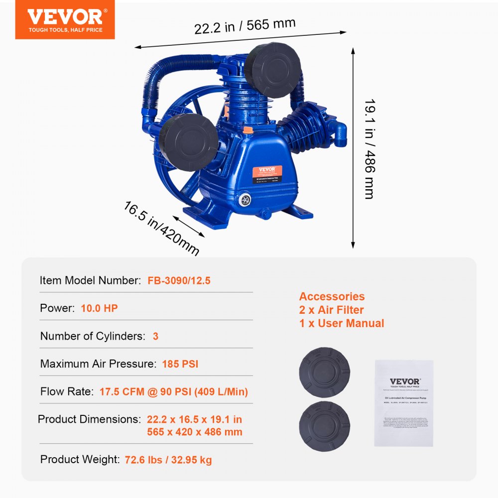 VEVOR Air Compressor Pump Head 10HP 17.5CFM 90 PSI