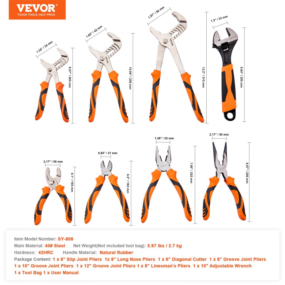 VEVOR 8-Piece Pliers Set 12"/10"/8"