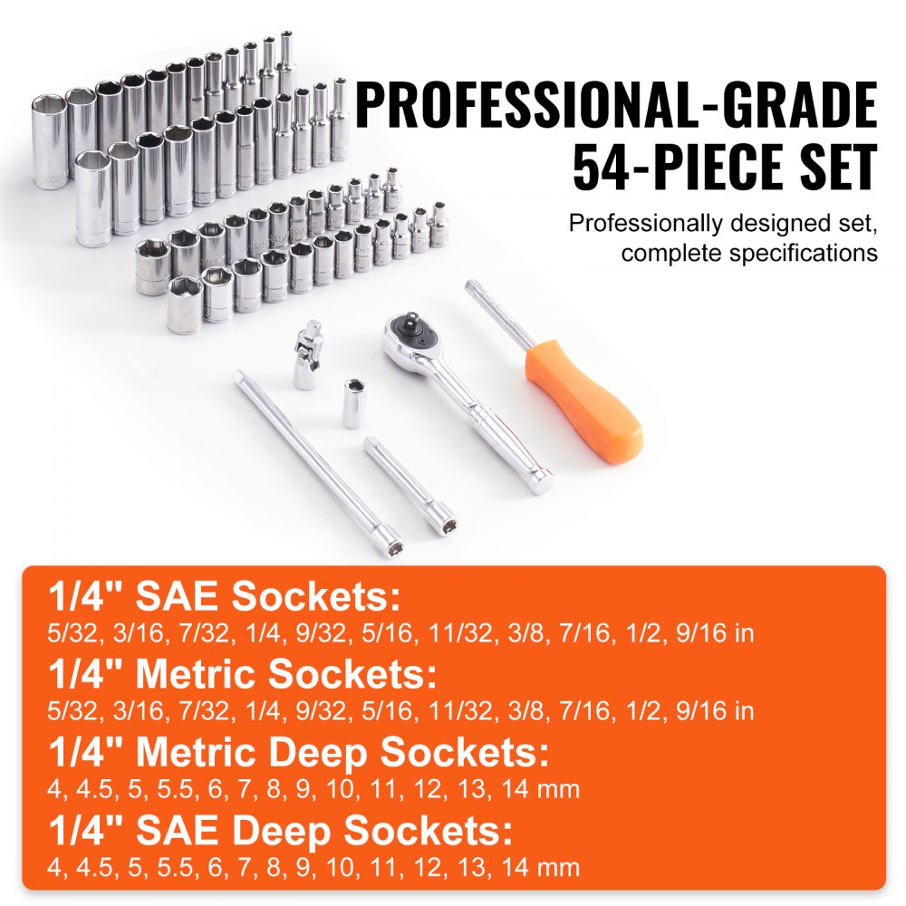 VEVOR 1/4 Inch Drive 54 Pieces Tool Set SAE and Metric