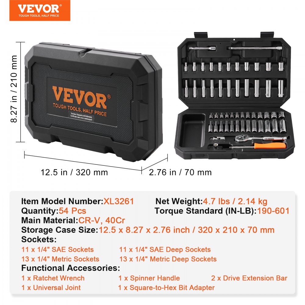 VEVOR 1/4 Inch Drive 54 Pieces Tool Set SAE and Metric