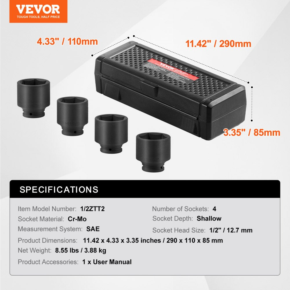 VEVOR Axle Nut 1/2" Drive 6-Point 4PCS SAE Spindle Nut Sockets