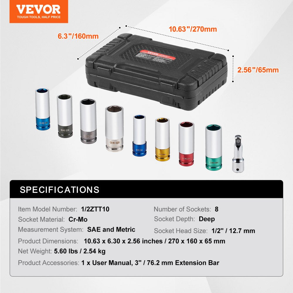 VEVOR 1/2 in Drive Metric and SAE 6-Point Lug Nut Impact Socket Set